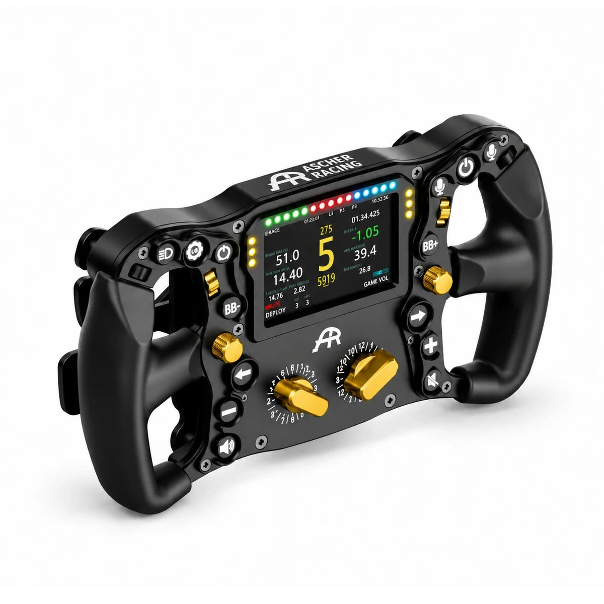Ascher Racing Knob Kit Pro fitted to an Ultimate Black Edition wheel with the gold thumb encoders, joysticks and rotary knobs (wheel not included)