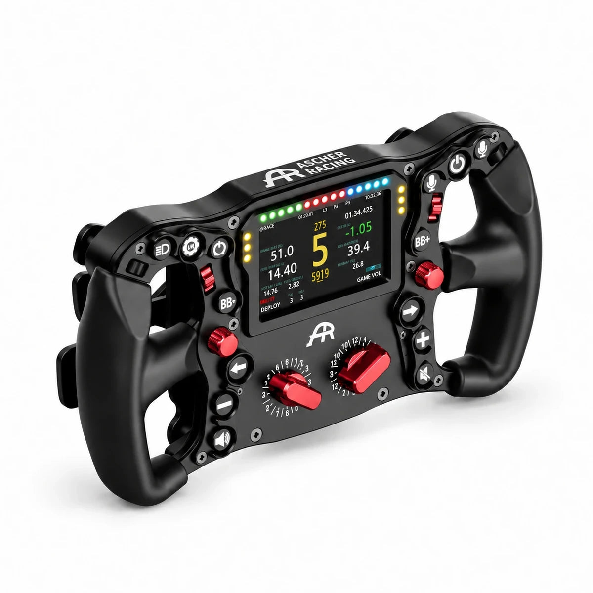 Ascher Racing Knob Kit Pro fitted to an Ultimate Black Edition wheel with the red thumb encoders, joysticks and rotary knobs (wheel not included)