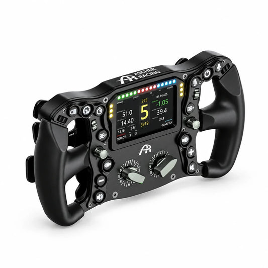 Ascher Racing Knob Kit Pro V2 Mercury fitted to an Ultimate Black Edition wheel, silver thumb encoders, joysticks and rotary knobs
