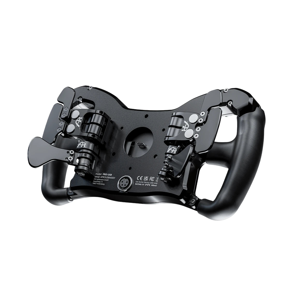Ascher Racing Pro Black Edition sim racing wheel, rear view showing magnetic paddles, clutch paddles and 6x70mm mount