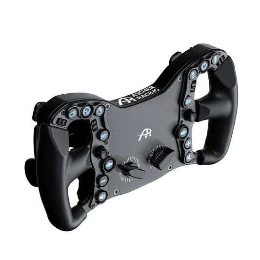 Ascher Racing Pro Black Edition sim racing wheel, three-quarter view of the stealth black faceplate and controls