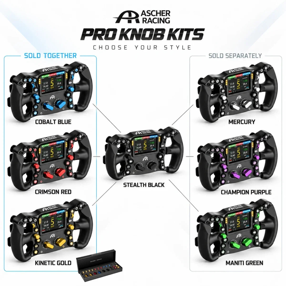 Ascher Racing Pro knob kit colour options: Maniti Green, Champion Purple and Mercury sold separately, Cobalt Blue, Crimson Red and Kinetic Gold sold together in one boxed set, Stealth Black standard
