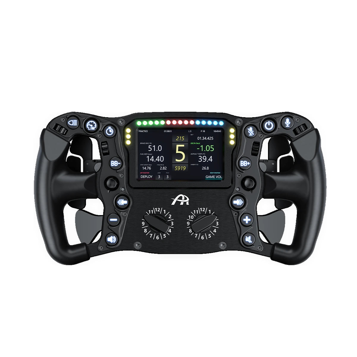 Ascher Racing Ultimate Black Edition sim racing wheel, front view with 4-inch dashboard and 21 RGB shift lights