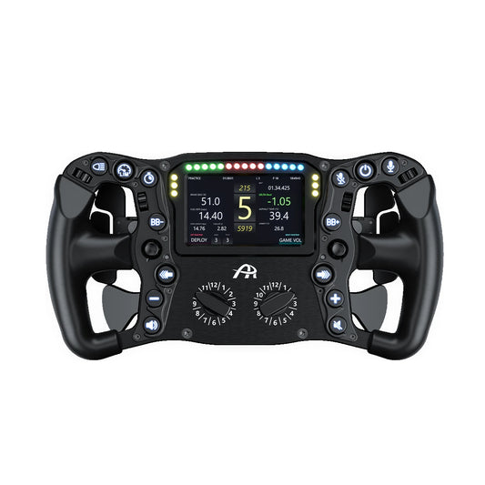 Ascher Racing Ultimate Black Edition sim racing wheel, front view with 4-inch dashboard and 21 RGB shift lights