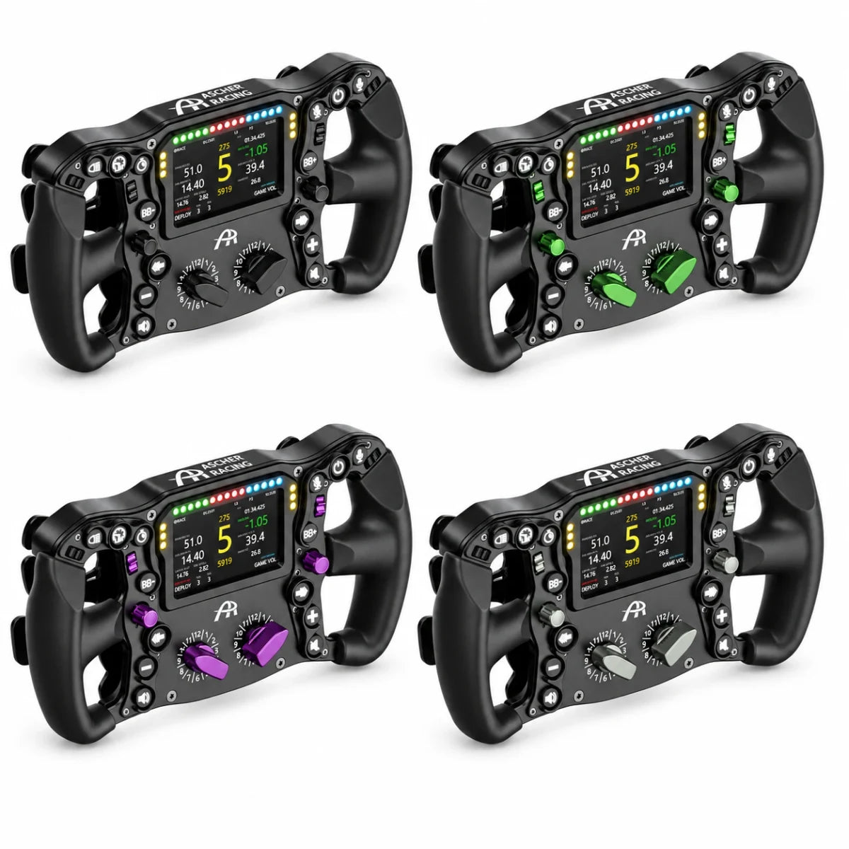 Ascher Racing Ultimate Black Edition shown in four knob options: standard black, Maniti Green, Champion Purple and Mercury knob kits