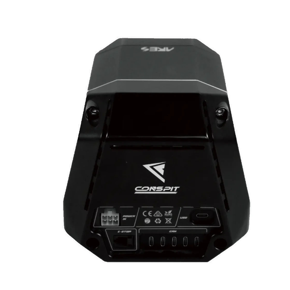 Conspit Ares 12Nm CDR direct drive wheel base, rear panel with USB, power and E-Stop ports
