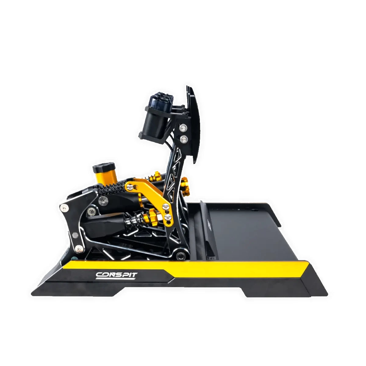 Conspit CPP EVO 3 V2 brake pedal, angled detail of the dual-stage hydraulic cylinder and fluid reservoir