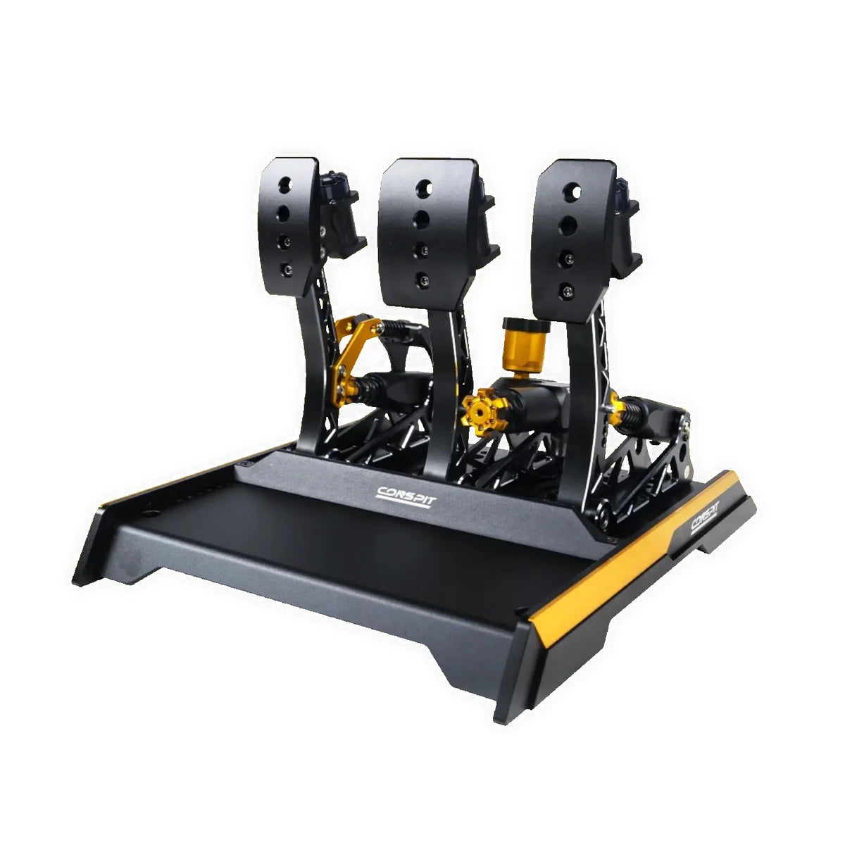 Conspit CPP EVO 3 V2 hydraulic pedal set, three-quarter view with throttle, brake and clutch on a black baseplate