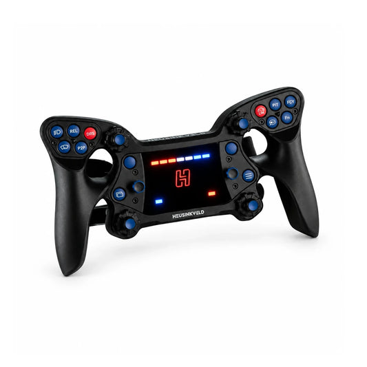 Heusinkveld One steering wheel, front three-quarter view with lit display, red H logo, shift lights and blue and red button layout
