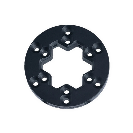 Heusinkveld Steering Wheel Adapter, black aluminium ring with six countersunk holes and hexagonal centre