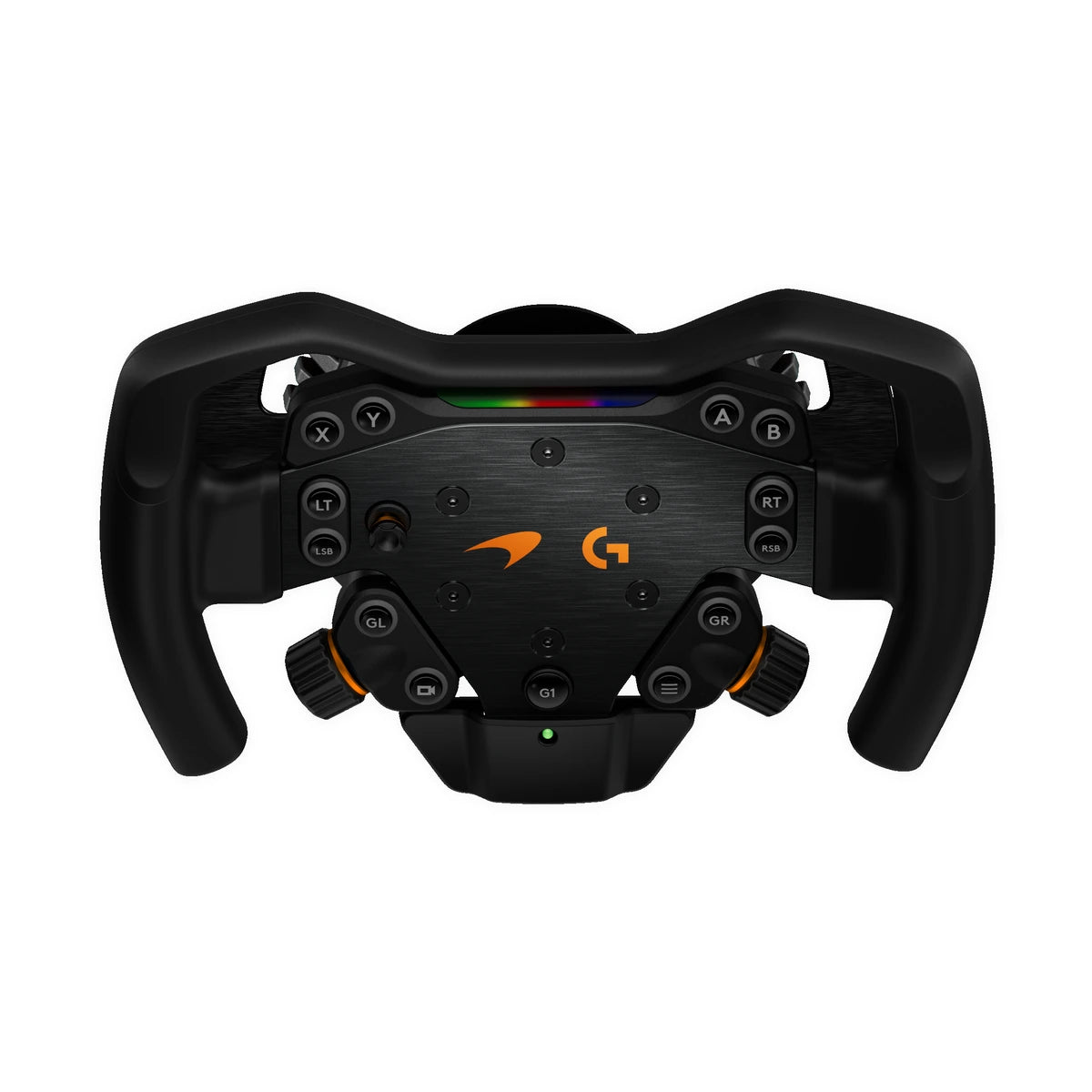Logitech G RS Formula Wheel McLaren Racing Edition on the RS Wheel Hub, front view of buttons, encoders and rev lights