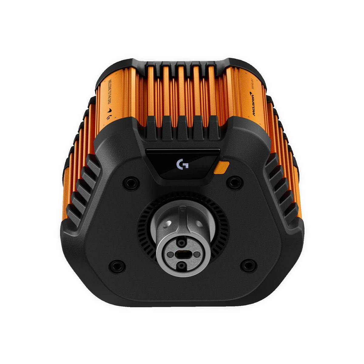 Logitech G RS50 Base McLaren Racing Edition front view of the papaya direct drive motor and quick release shaft