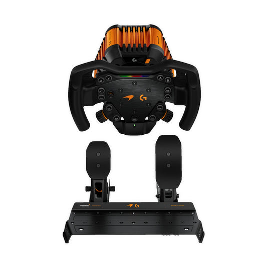 Logitech G RS50 McLaren Racing Bundle front view showing the Formula wheel on the RS50 base above the RS Pedals