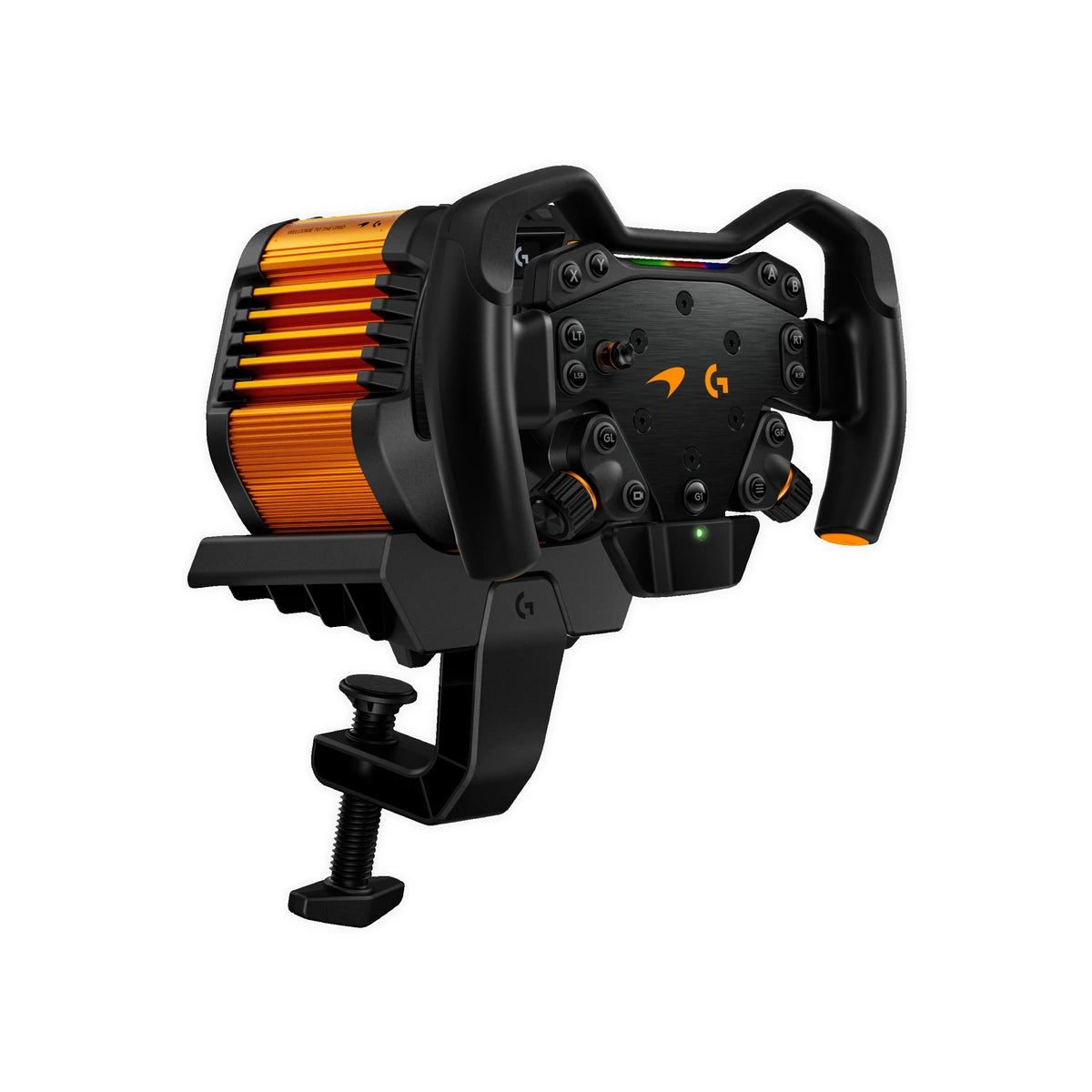 Logitech G RS50 McLaren Racing Bundle three-quarter view of the papaya RS50 base, Formula wheel and table clamp