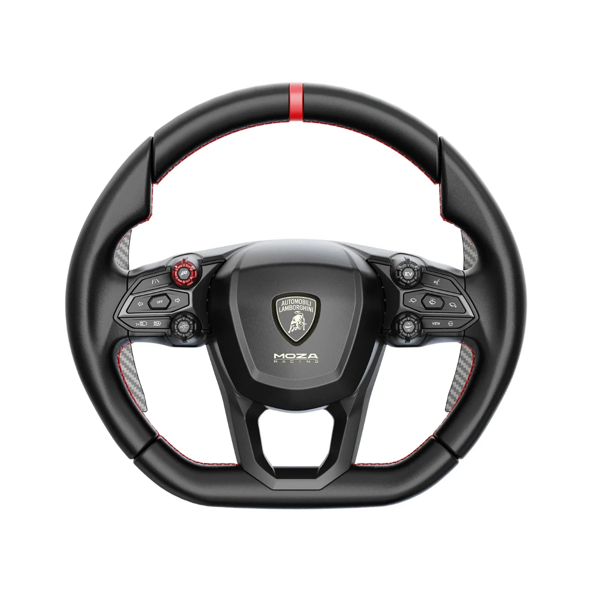 MOZA Lamborghini Revuelto steering wheel, front view: 340 mm microfiber leather rim with red 12 o'clock marker and Automobili Lamborghini badge