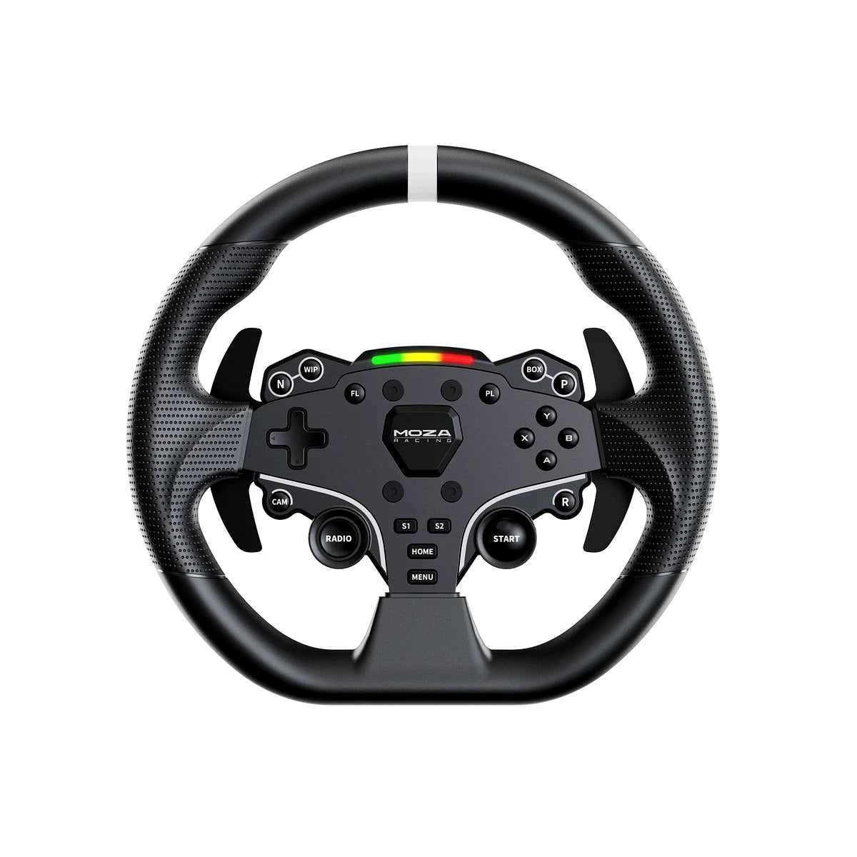 MOZA ES Lite steering wheel front view with 22 programmable inputs and RPM indicator lights