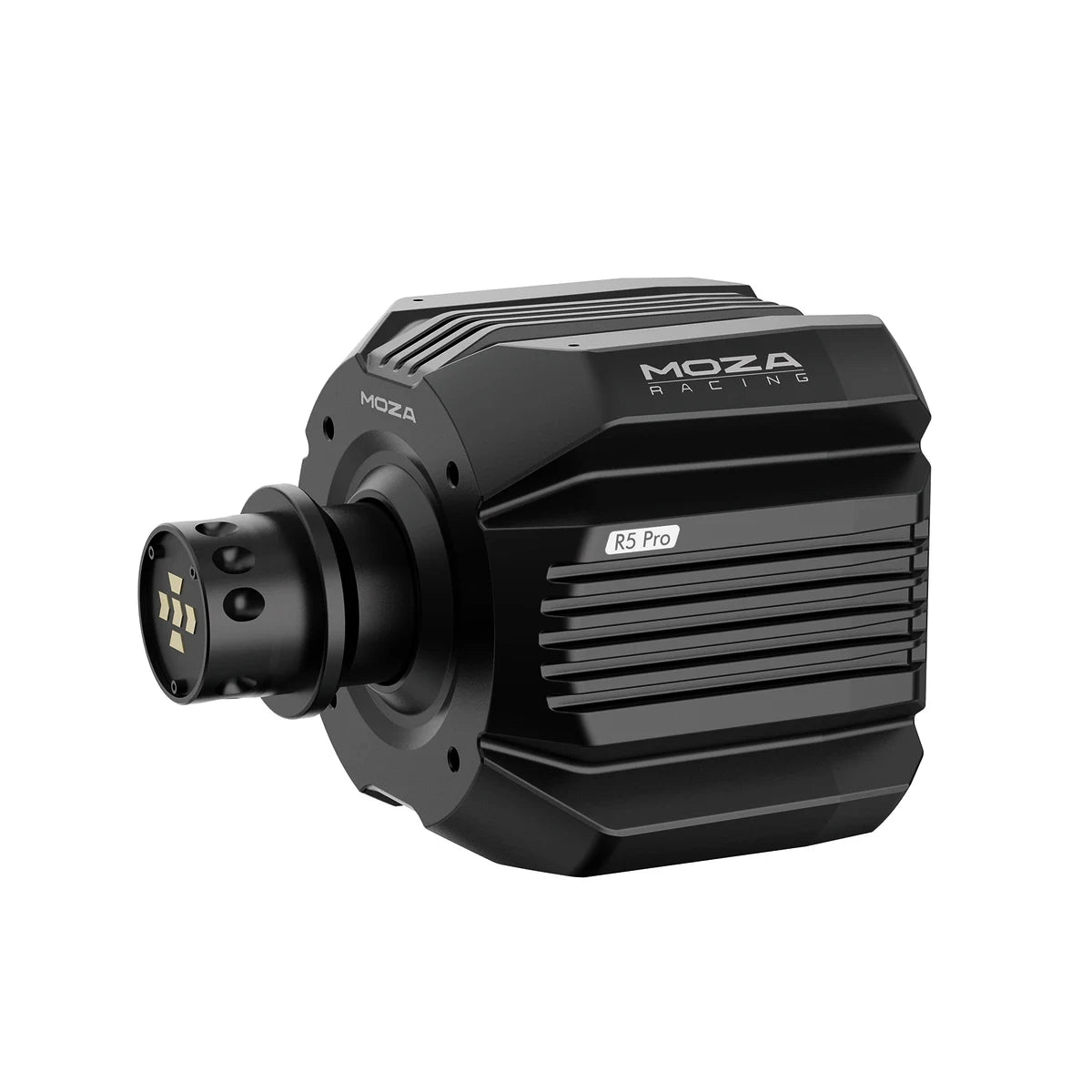 MOZA R5 Pro direct drive wheel base, three-quarter view with the quick release shaft