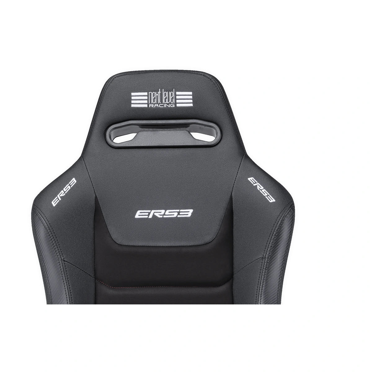 Next Level Racing ERS3 sim racing seat, close-up of the stitched suede backrest and headrest opening