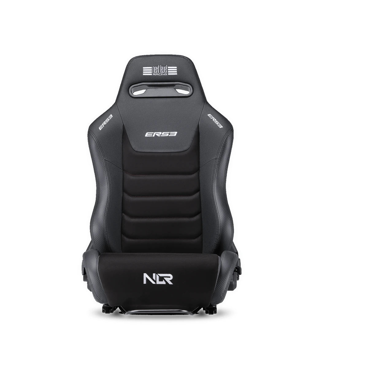 Next Level Racing ERS3 sim racing seat, PU Leather and Suede Edition, front view with suede centre panels