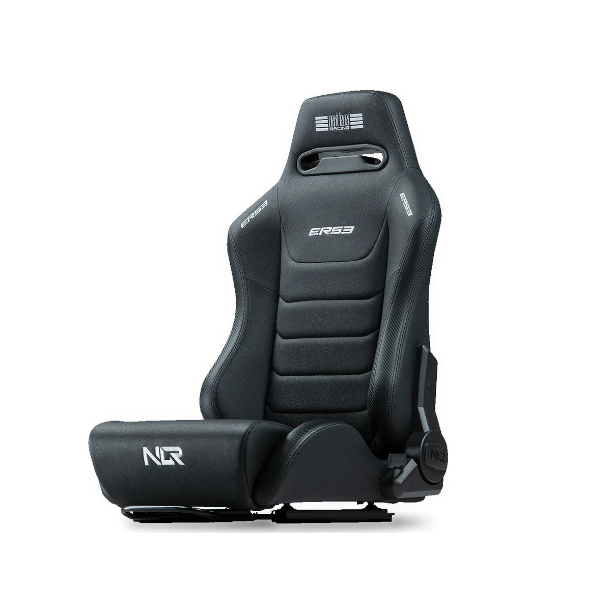 Next Level Racing ERS3 sim racing seat, PU Leather Edition, side view with the backrest reclined