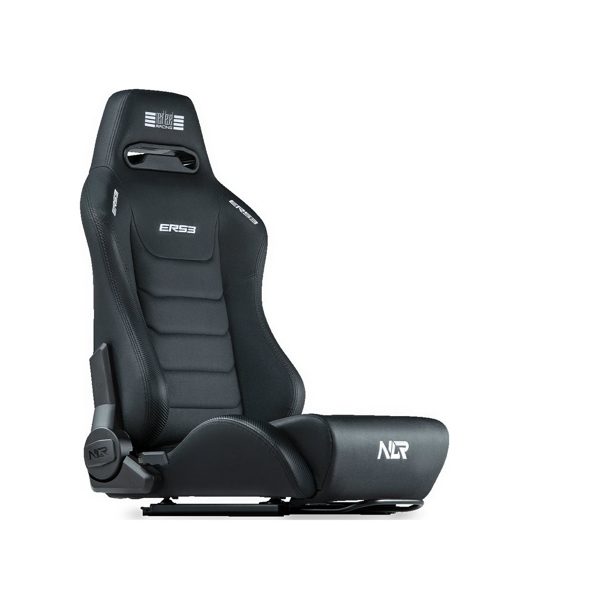 Next Level Racing ERS3 sim racing seat, PU Leather Edition, three-quarter view showing side bolsters