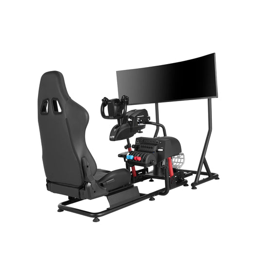 Playmax Flight Simulation Chair and Stand fitted with a HOTAS stick, throttle and monitor; hardware not included