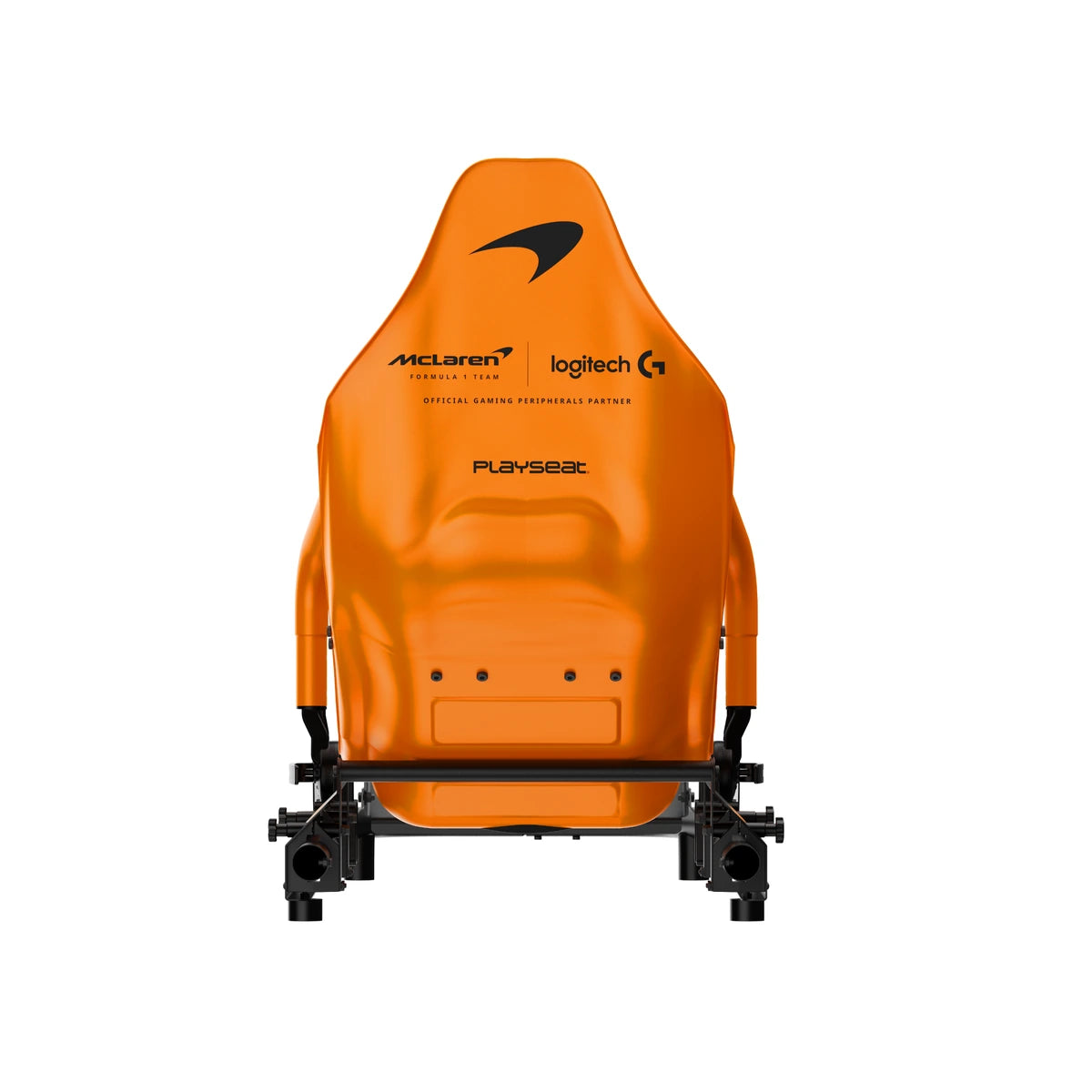 Playseat Formula Instinct McLaren Racing Edition, rear view of the papaya seat back with McLaren and Logitech G branding