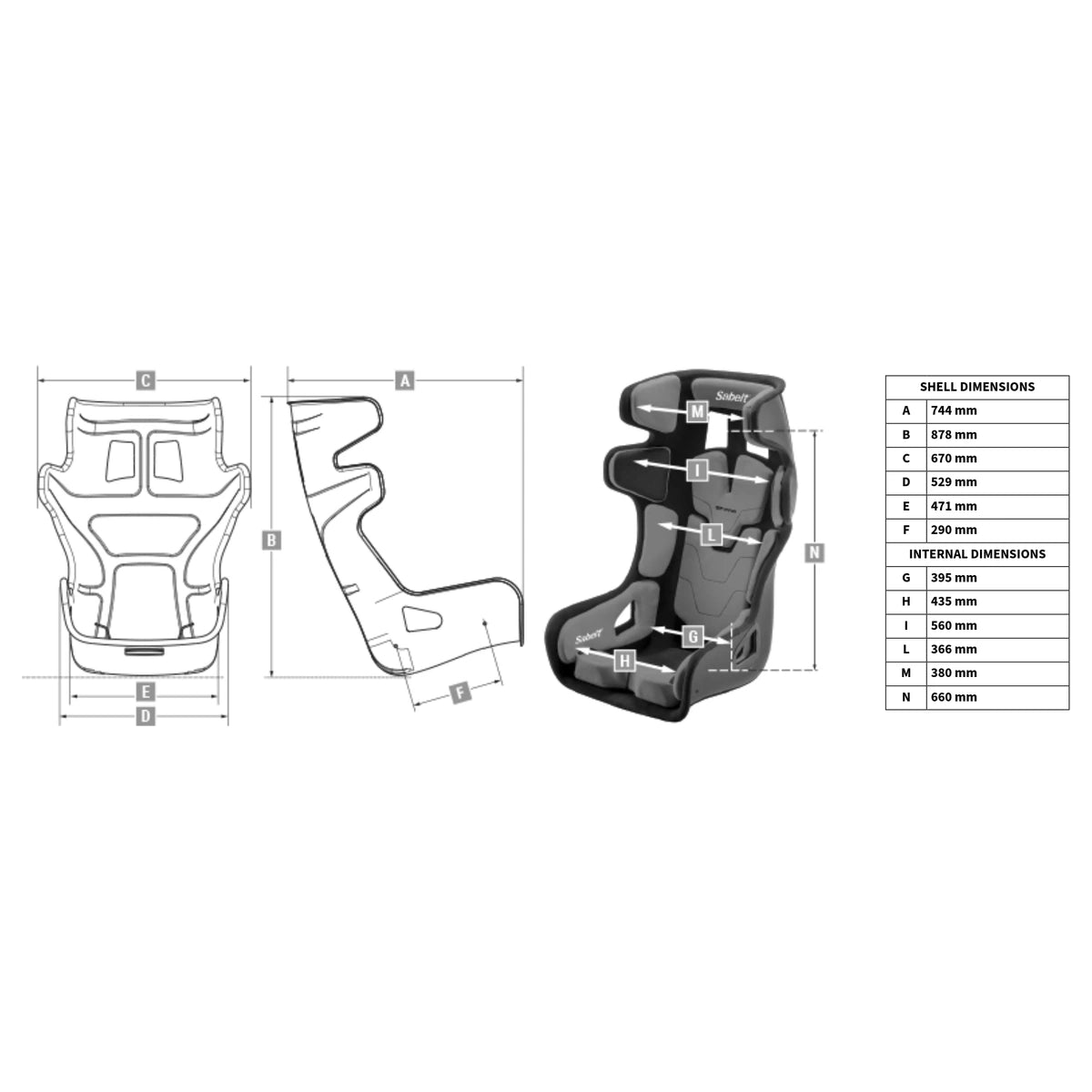 Sabelt GT-PAD dimension drawing: shell 744 mm deep, 878 mm high, 670 mm wide; hips 395 mm, shoulders 560 mm, backrest 660 mm