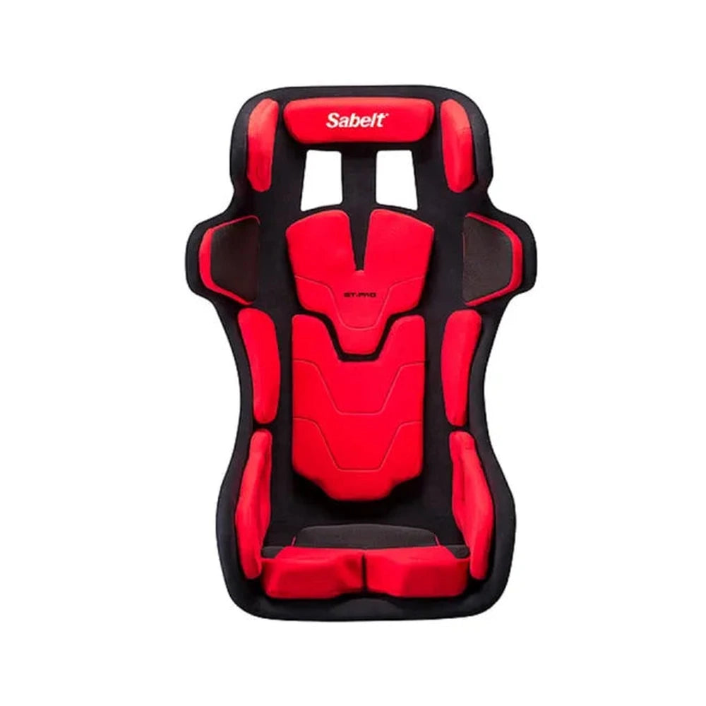 Sabelt GT-PAD sim racing seat with red pads, front view showing the head, shoulder and hip pads
