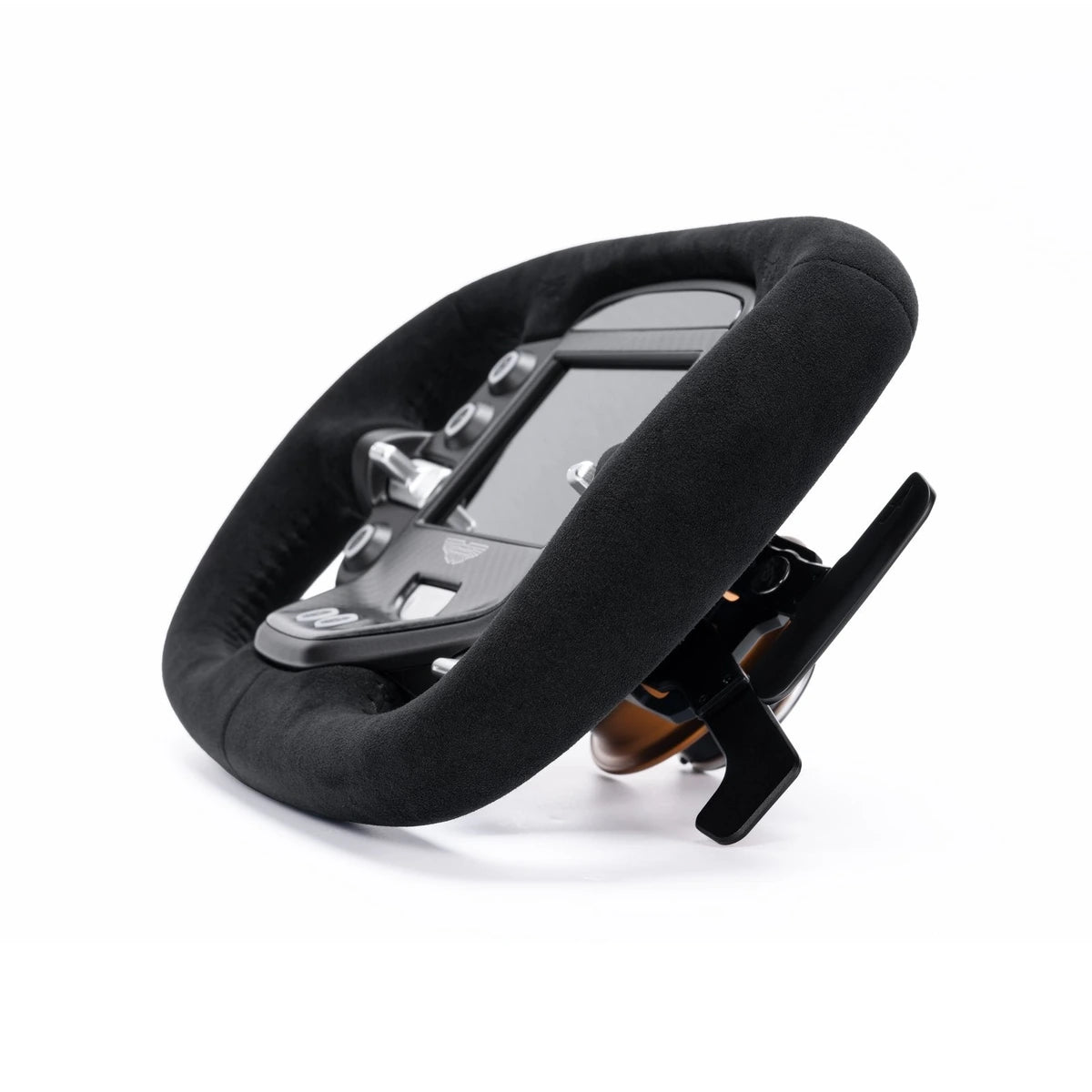 Simagic Aston Martin Valkyrie steering wheel, low side angle showing the Alcantara rim profile and paddle