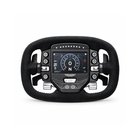 Simagic Aston Martin Valkyrie steering wheel, front view with the Valkyrie dashboard lit on the touchscreen and Alcantara rim