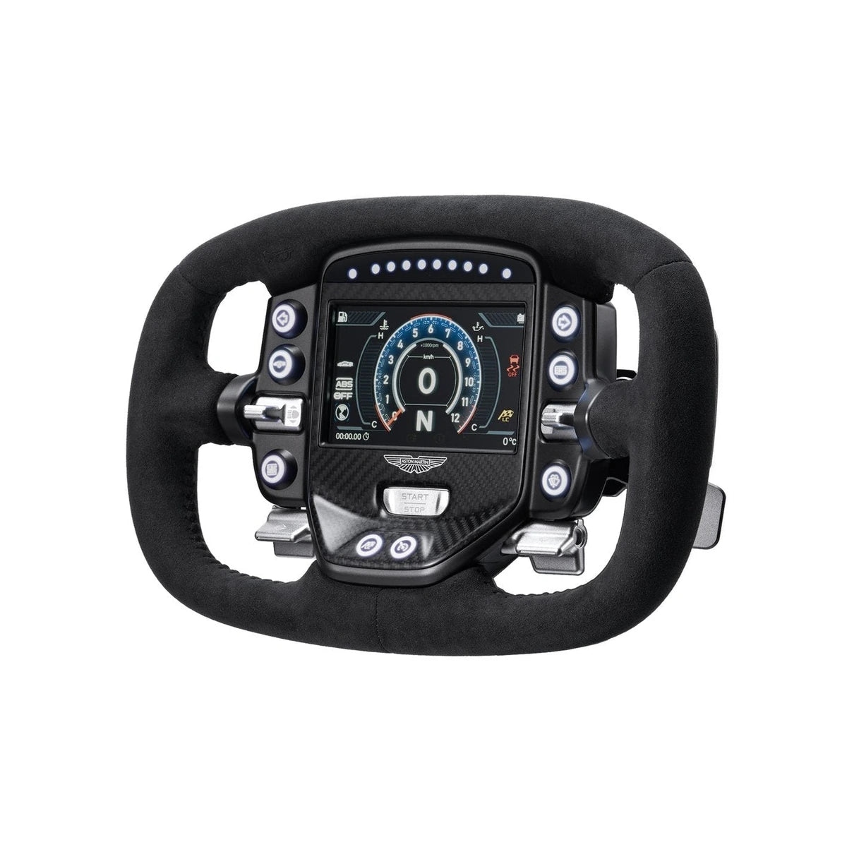 Simagic Aston Martin Valkyrie steering wheel, three-quarter view showing the RGB buttons, stalks and Alcantara grips