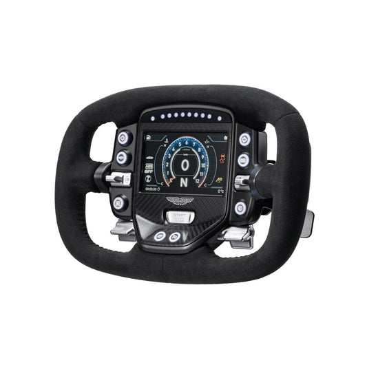 Simagic Aston Martin Valkyrie steering wheel, three-quarter view showing the RGB buttons, stalks and Alcantara grips