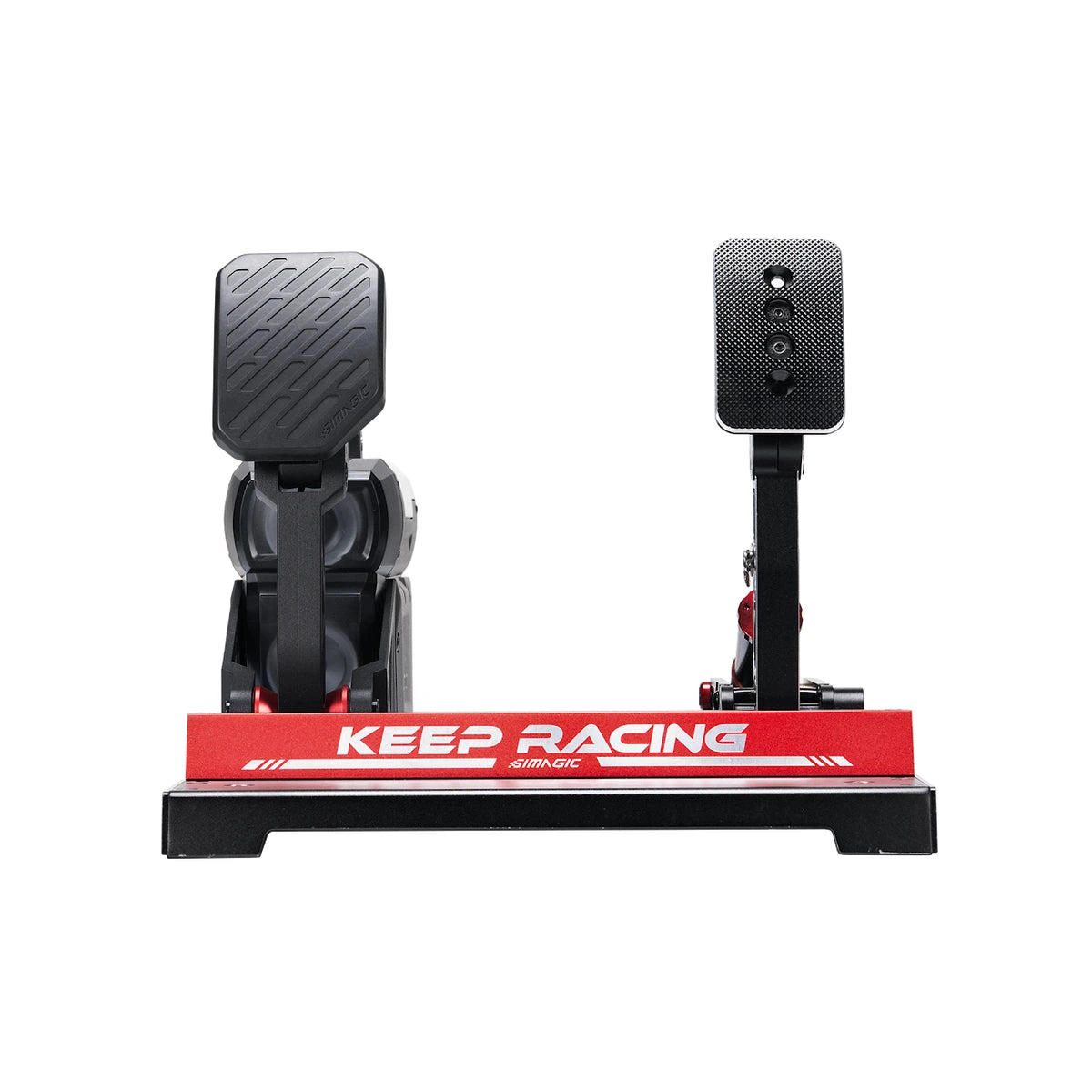 Simagic P-Active P1000-FB Bundle, front view of the P-Active brake pedal face and P1000 throttle on the red Keep Racing baseplate