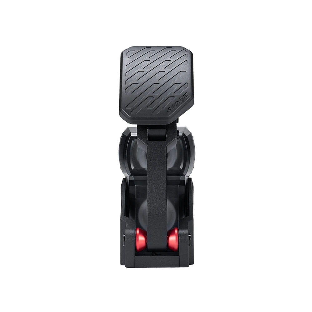 Simagic P-Active active pedal, front view of the textured pedal face and red pivot bushings