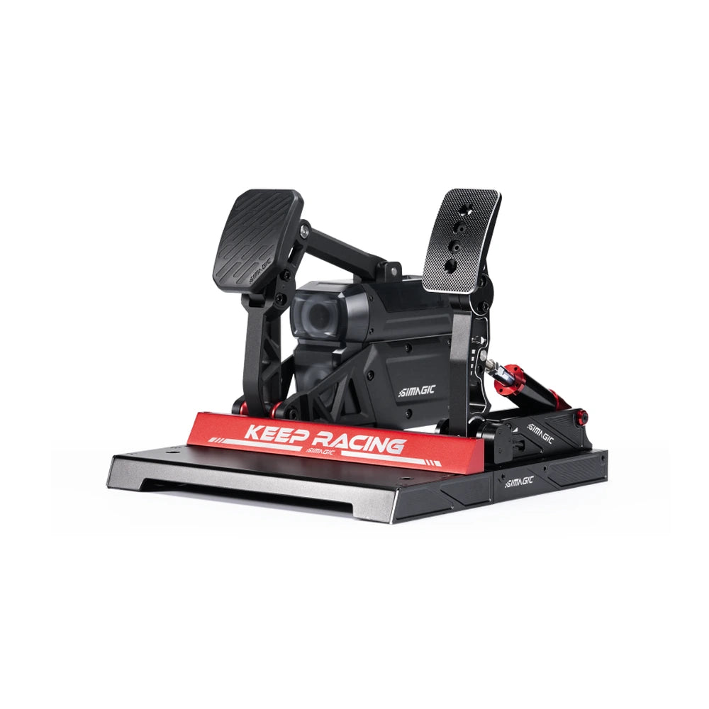 Simagic P-Active active pedal shown mounted on a Simagic P1000 pedal platform with a throttle (platform sold separately)