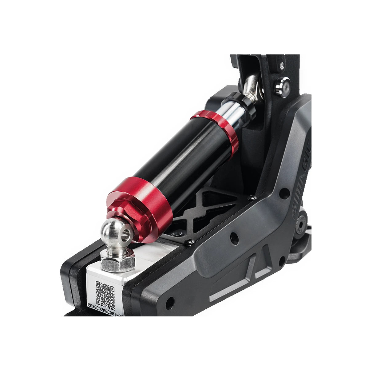 Close-up of the Simagic TB-NEO elastomer damper cylinder with red anodised collars