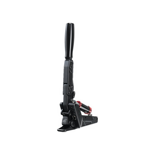 Simagic TB-NEO handbrake, three-quarter view with the lever upright and red elastomer damper at the base