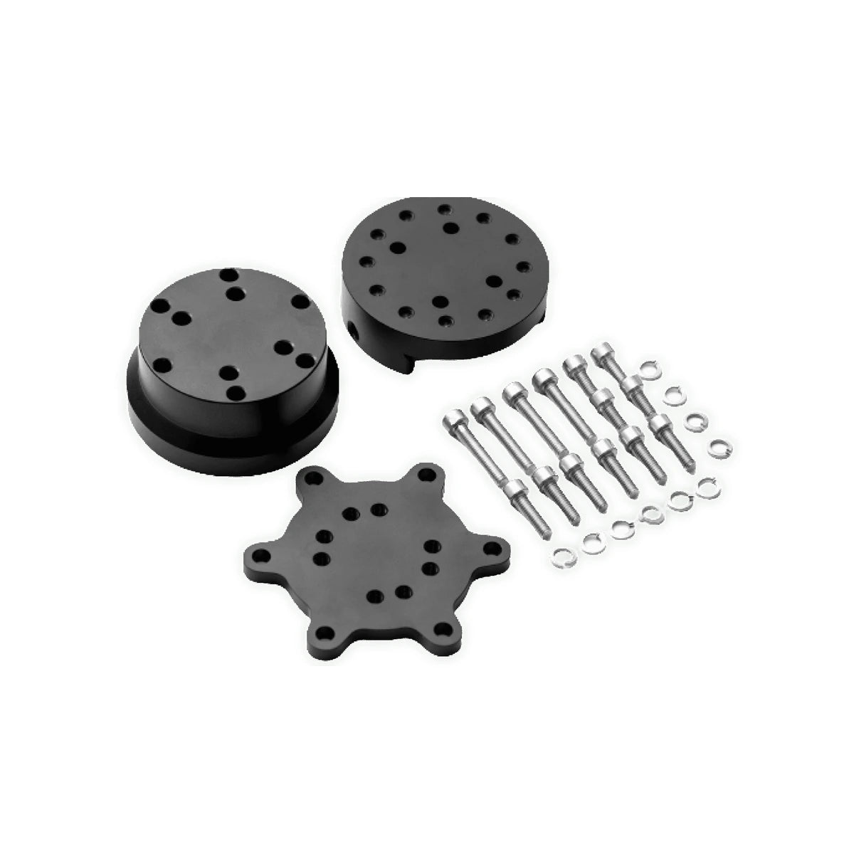 Simucube Quick Release wheel side kit contents: wheel side, 30mm spacer, 70mm adapter, stainless M5 bolts and washers