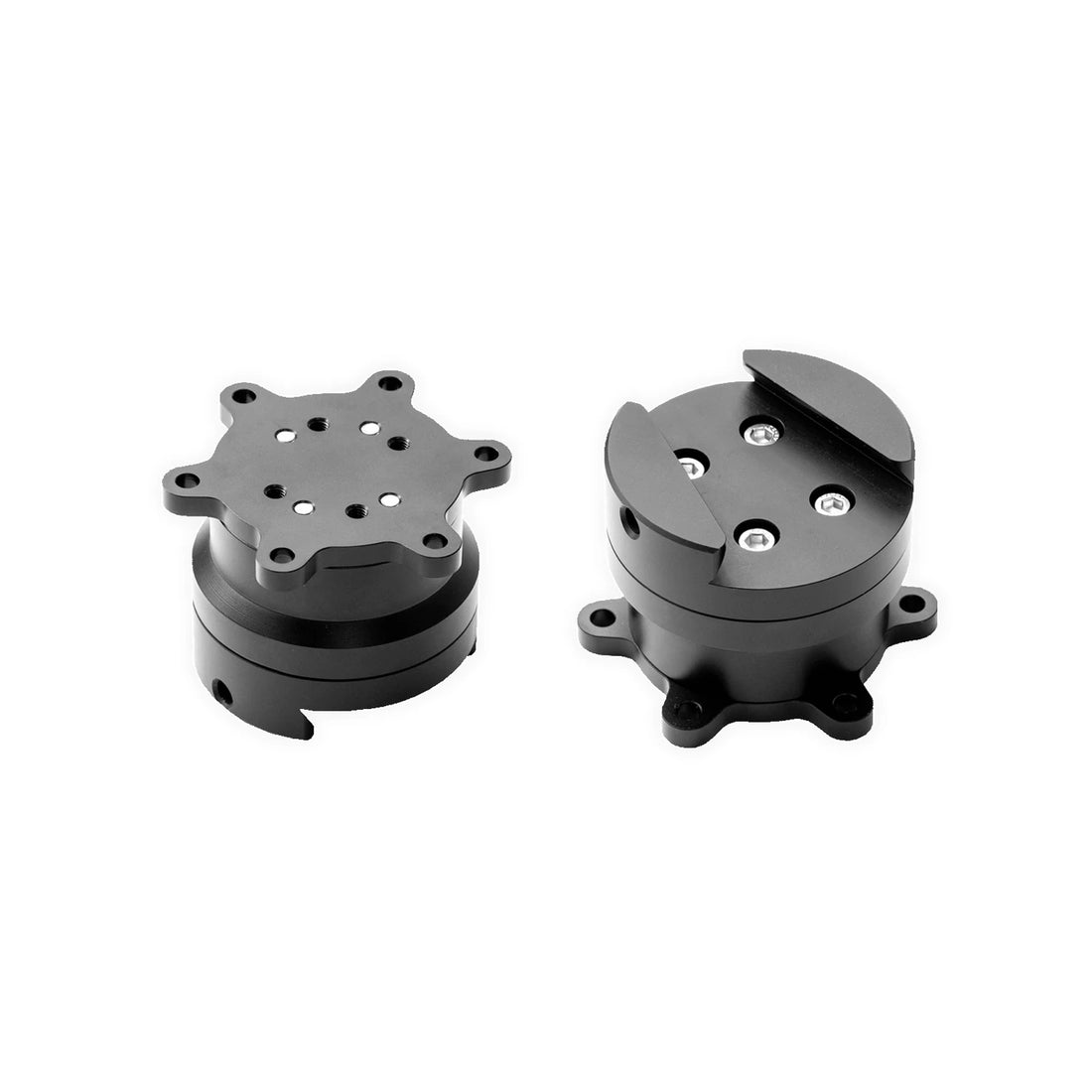 Simucube Quick Release wheel side kit, both anodised aluminium halves showing the guided rail and spring-loaded pin