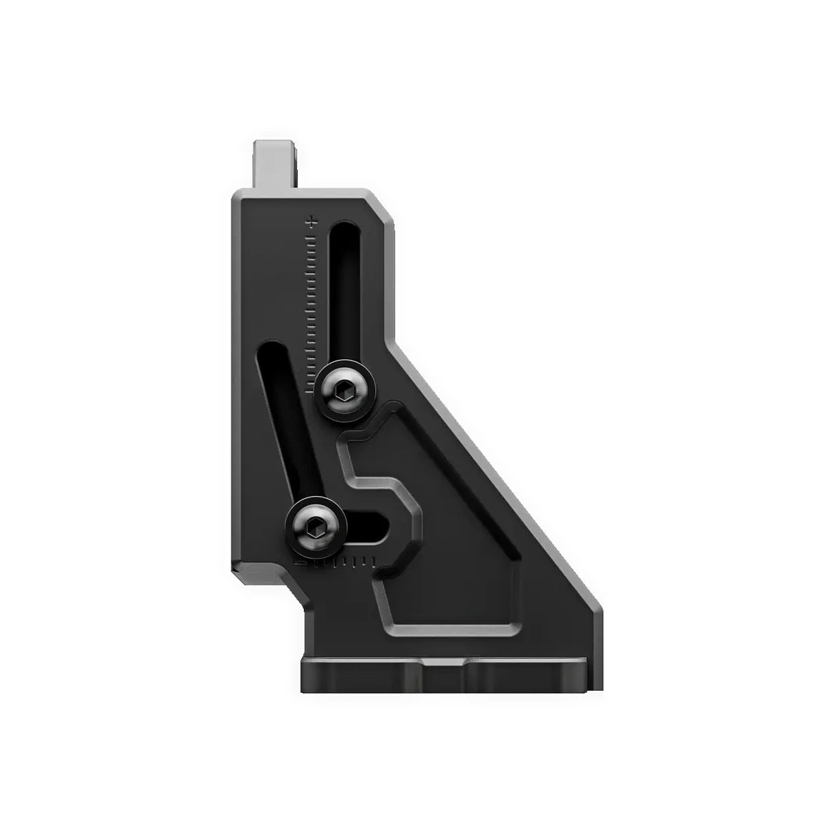 Simucube Wheelbase Mount V2 side plate with engraved angle markings and the two tilt-adjustment slots