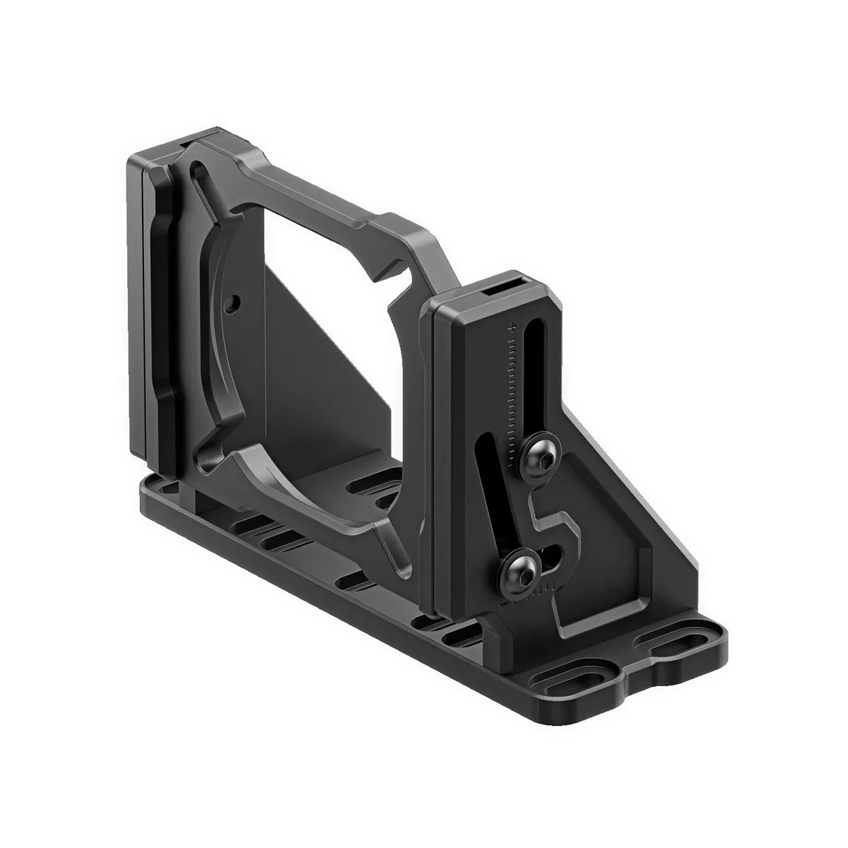 Simucube Wheelbase Mount V2, three-quarter view of the CNC-machined aluminium bracket and slotted base plate