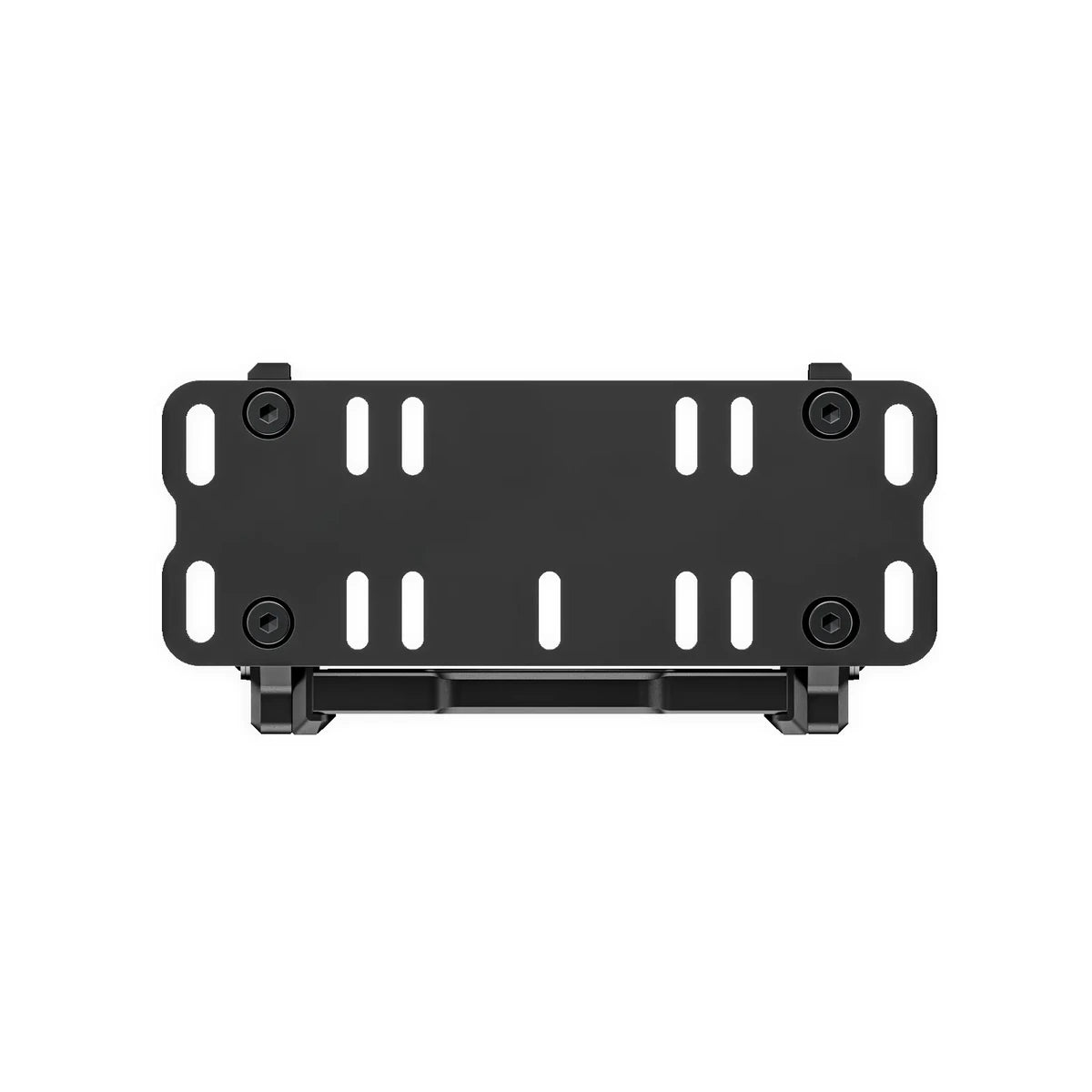 Simucube Wheelbase Mount V2 underside showing the four wheelbase bracket screws and slotted base