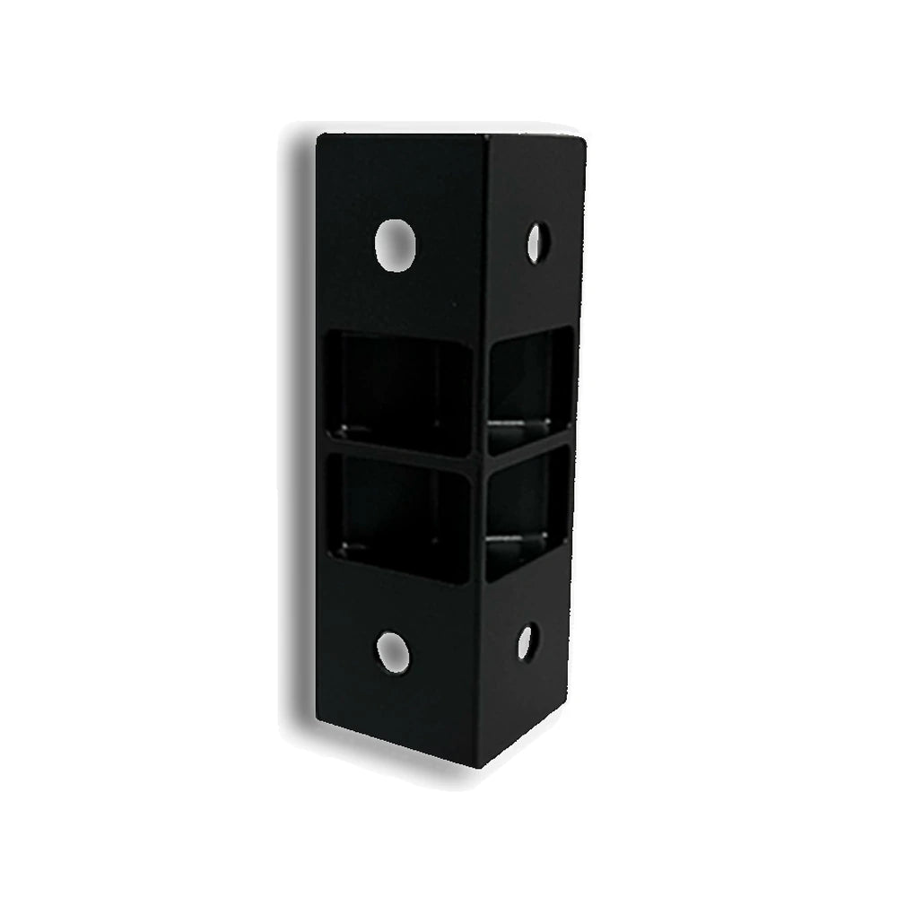 Trak Racer 120mm corner bracket, corner view — black die-cast aluminium L-bracket for extrusion rig frames