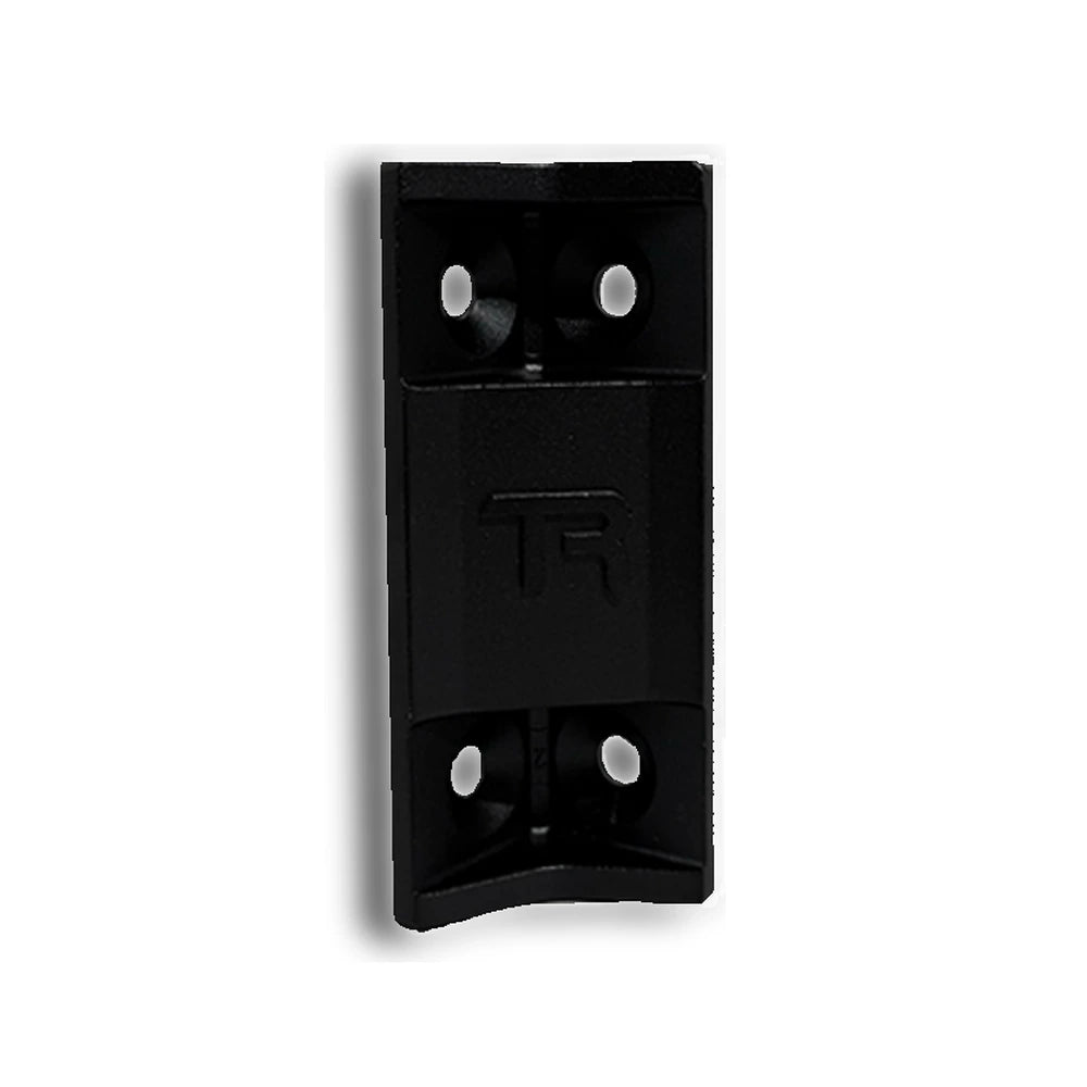 Trak Racer 120mm corner bracket, front face — die-cast aluminium with Trak Racer logo and four bolt holes