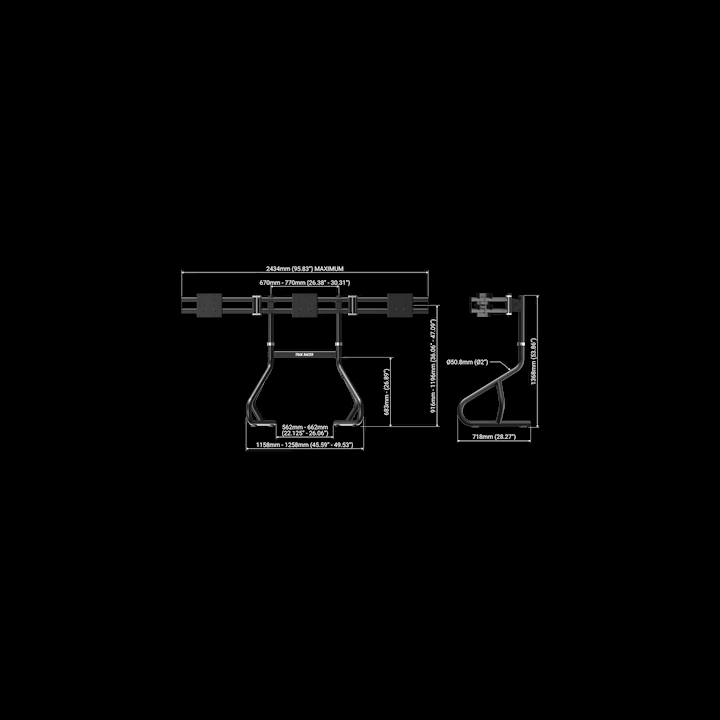 Trak Racer freestanding triple monitor stand dimensions diagram, width, height and leg spread in mm/inches