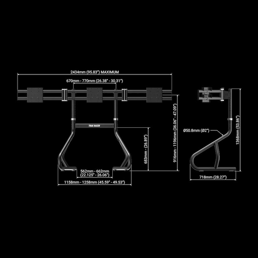 Trak Racer freestanding triple monitor stand, front and side profile dimension diagram