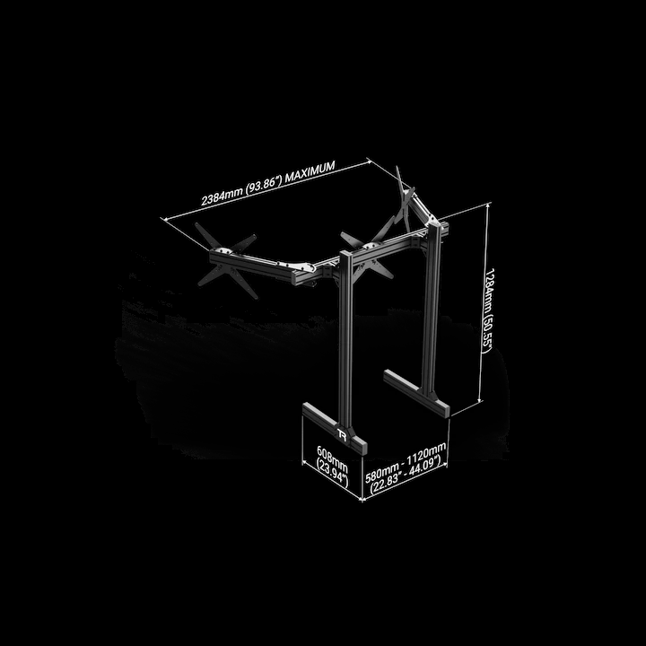 Trak Racer large freestanding triple monitor stand, dimension diagram — 2384mm max width, 1284mm height