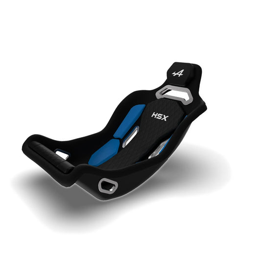 Trak Racer HSX Hybrid Formula Pro seat, BWT Alpine F1 Edition, three-quarter view laid back in a Formula-style position