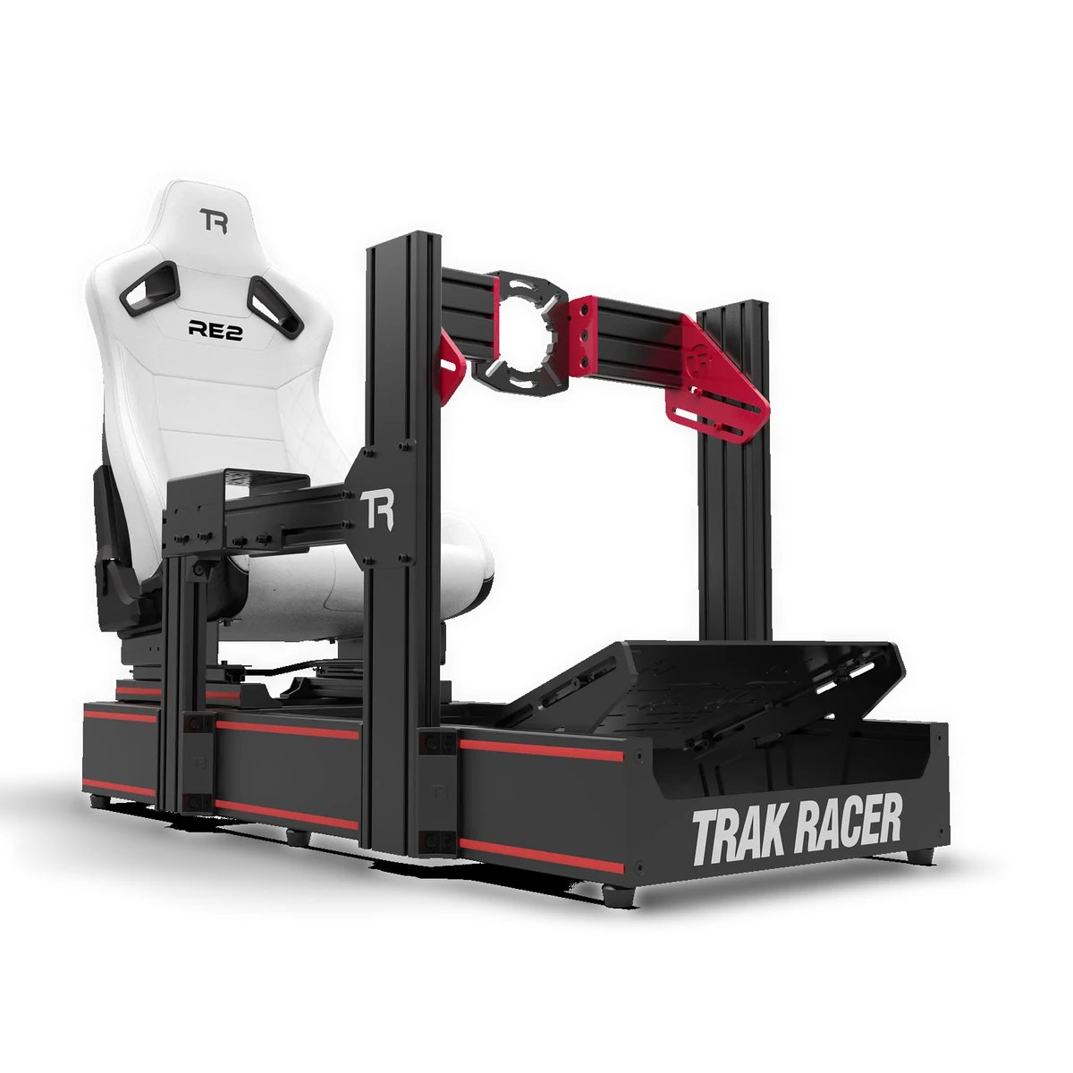 Trak Racer RE2 white seat mounted on a TR160 aluminium sim racing cockpit — cockpit sold separately